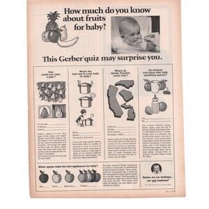 Gerber Baby Food Magazine Advertisement 1969 B&W Vintage Fruit Quiz Cute